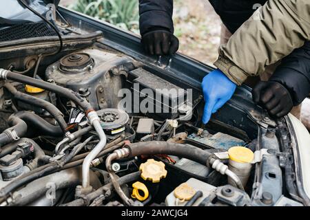 Two Car mechanic engineers checking, fixing the car, making maintenance comprehensive auto check. Auto mechanic in blue gloves detected breakdown and Stock Photo