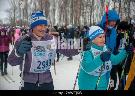 Tambov, Tambov region, Russia. 8th Feb, 2020. On February 8, the XXXVIII all-Russian mass cross-country ski race ''Ski Track of Russia''was held in Tambov. Ski races were held in the Park of Friendship of the city of Tambov. Participants competed in different age groups at distances of 1.5 kilometers, 3 and 5 kilometers. A total of 7,000 people took part in the competition. The photo shows participants of the ''Russian ski Track'' in the category older than 70 years at the start. Credit: Demian Stringer/ZUMA Wire/Alamy Live News Stock Photo