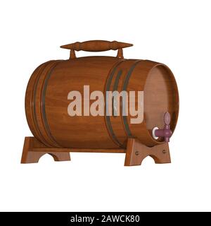 A wooden barrel for beer or wine on a white background. Isolate. 3D rendering of excellent quality in high resolution. It can be enlarged and used as Stock Photo