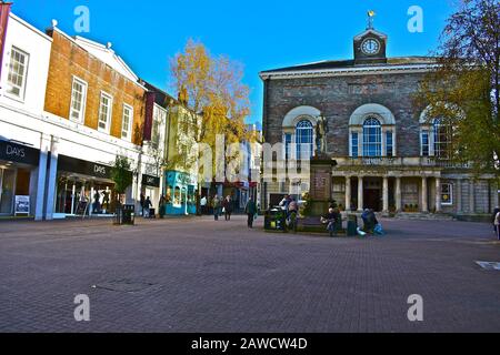 The central square is dominated by the old Town Hall / Guildhall, a Grade I Listed building. Now occupied by Cofio Lounge as coffee bar/ café. Stock Photo