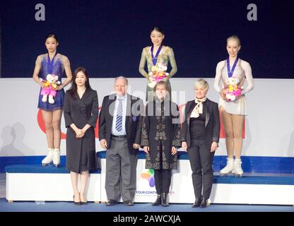 Seoul, South Korea. 8th Feb, 2020. (L-R, 2nd row) Young You (KOR), Rika Kihira (JPN), Bradie Tennell (USA), Feb 8, 2020 - Figure Skating : Women's award ceremony, ISU Four Continents Figure Skating Championships 2020 in Seoul, South Korea. Credit: Lee Jae-Won/AFLO/Alamy Live News Stock Photo