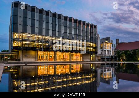 Dusk exterior of the D'Angelo Law Library at the University of Chicago. Stock Photo