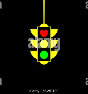 Love Light - Vector creative template. Heart icon. Stop Love Red Road Sign. Yellow traffic light on black background for valentines day. Simple vector Stock Vector