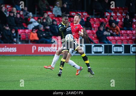 Salford, UK. 08th Feb 2020.  David Sesay of Crawley Town FC collides with Adam Rooney of Salford City FC during the Sky Bet League 2 match between Salford City and Crawley Town at Moor Lane, Salford on Saturday 8th February 2020. (Credit: Ian Charles | MI News) Photograph may only be used for newspaper and/or magazine editorial purposes, license required for commercial use Credit: MI News & Sport /Alamy Live News Stock Photo