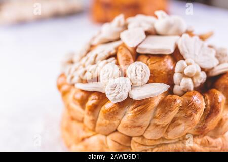 Decorated bread for celebration a saint in Orthodox faith. Serbian traditional and cultural heritage. Stock Photo
