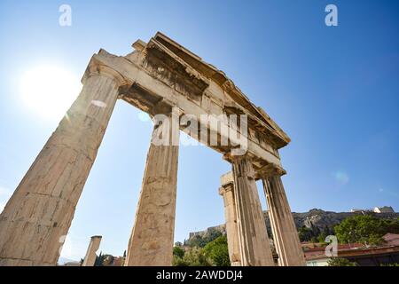 old ancient ruins Roman Agora in a summer day in Acropolis Greece, Athens Stock Photo