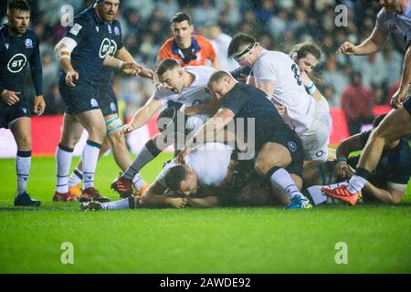 Edinburgh, Scotland, UK. 08th Feb, 2020. Edinburgh, Scotland, UK. Guinness Six Nations Test: Scotland v England. EnglandÕs Ellis Genge dives over to score the only try of the game. Credit: Ian Rutherford/Alamy Live News Stock Photo