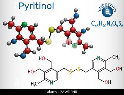 Pyritinol molecule, pyridoxine disulfide, pyrithioxine, is a vitamin B6. Structural chemical formula and molecule model. Vector illustration Stock Vector