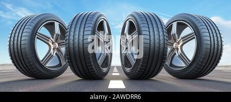 Four car wheel oln the highway with sky background.  Change a tires. 3d illustration Stock Photo
