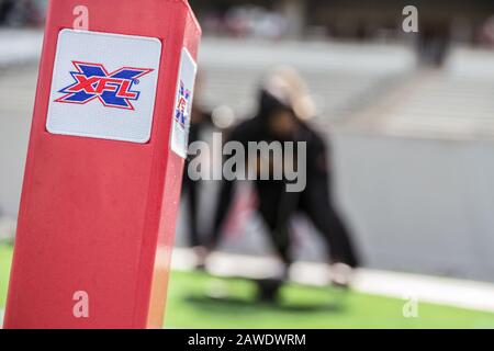 Houston, Texas, USA. 8th Feb, 2020. An XFL-branded pylon rests in the end zone prior to the XFL game between the Los Angeles Wildcats and the Houston Roughnecks at TDECU Stadium in Houston, Texas. Prentice C. James/CSM/Alamy Live News Stock Photo