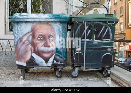 Graffiti, garbage can painted with Albert Einstein, Sofia, Sofia province, Bulgaria Stock Photo