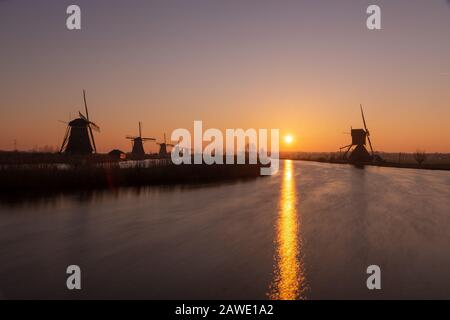 Sun reflection in Kinderdijk, The Netherlands Stock Photo