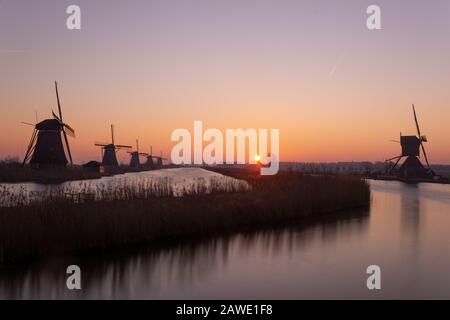 Sunrise in Kinderdijk, The Netherlands Stock Photo