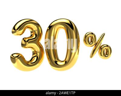 30 percent discount. Gold glossy balloon in the shape of a number. 3D rendering. Stock Photo