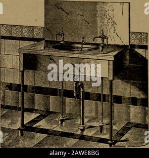 Mechanics of the household; a course of study devoted to domestic machinery and household mechanical appliances . Fig. 90.—Old style marble finishedlavatory.. Fig. 91.—Types of lavatory plumbingnot now used in good practice. Wash Stands and Lavatories.—Wash stands for bathrooms areobtainable in many forms, either plain or ornate, to suit everycondition and style of architectural finish. Stock Photo