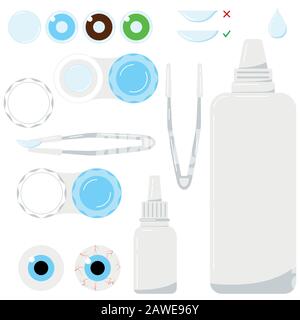 Contact lenses with care accessories icon vector set isolated on white background. Stock Vector