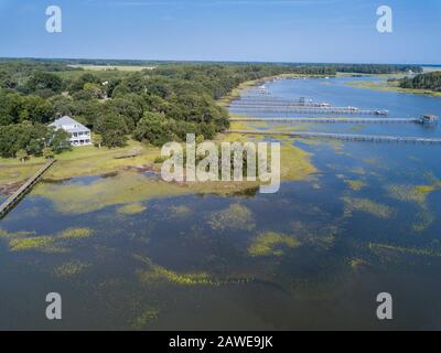 Aerial view of expensive homes along the water in South Carolina. Stock Photo