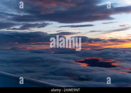 Mount Hood as seen from the sky at sunset in Oregon, USA. Stock Photo