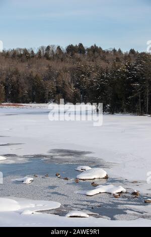 A snow covered lake under clear blue sky on a winter day in northern Ontario and evergreen forest lining the shore. A snow covered lake under clear blue sky on a winter day in northern Ontario and evergreen forest lining the shore.
