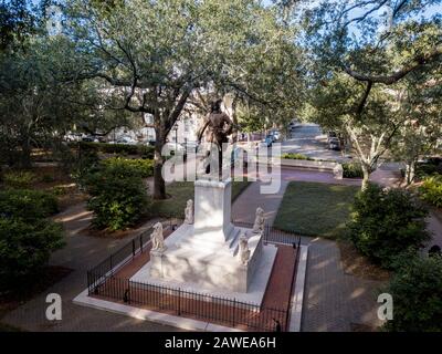 SAVANNAH, USA-NOVEMBER 21, 2019: Chippewa Square and the statue of General James Oglethorpe is seen in this drone shot. This was also the scene of the Stock Photo