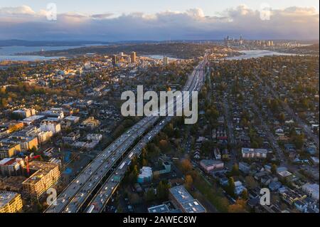 Drone Aerial footage of the Seattle Skyline Stock Photo