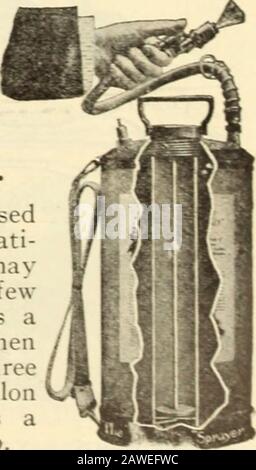 Johnson's garden & farm manual : 1910 . ith com-pressed air; safeand efficient; liquidcapacity, 4 gallons;pressure capacity,40 pounds. Brasstank and pump.Price, $6.25. Made in tin and brass. Throws a spray as fineas mist. Is adapted for the destroying of everjkind of insect. Very useful in spraying keroseneand lice killers in poultry houses; also in sprayingpotatoes with Paris-green water, and in gardens andi vineyards. Price, tin, 50c.; brass, 75c. Johnson^sAuto-matic Compressed Air Sprayer Makes a continuous spray.So little effort is required thata child can operate it and en-joy it. ideal s Stock Photo