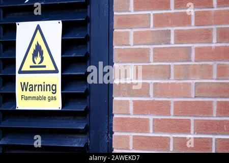 Flammable gas safety warning sign on Louvre door of plant room Stock Photo