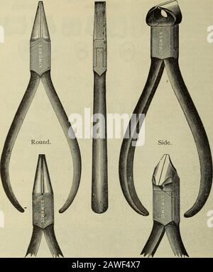 The Dental cosmos . LEFT. LOWER. RIGHT. Made of 22-carat gold, and designed to be soldered to seamless or othergold bands fitted to the natural tooth-roots in the mouth. Also intended toform the masticating surfaces of porcelain crowns in bridge-work. 3 SOLID STEEL PLIERS AND NIPPERS, Flat. Front.. In offering this fine line of Pliers and Nippers we wish to call attention totwo important points : First, they are of steel throughout, the ordinaryappliances of their class having iron handles with steel-faced points.Second, the finely proportioned and neatly and smoothly wrought-outhandles afford Stock Photo