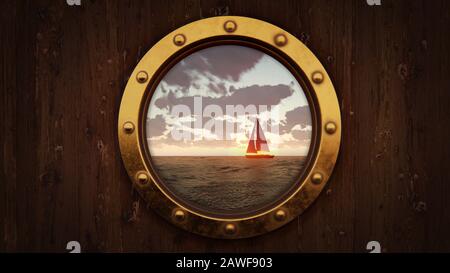 Ship porthole and sailing boat float on the water Stock Photo