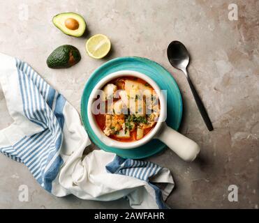 Sopa de mondongo, colombiano,  Latin America dish, soup made from diced tripe (the stomach of a cow or pig) slow-cooked Stock Photo