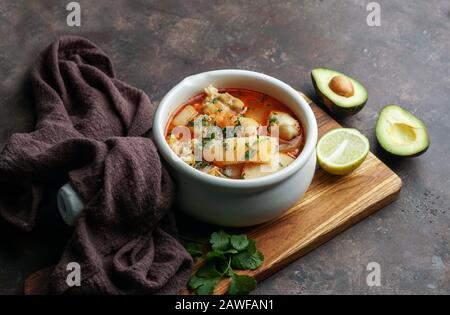 Sopa de mondongo, colombiano,  Latin America dish, soup made from diced tripe (the stomach of a cow or pig) slow-cooked Stock Photo