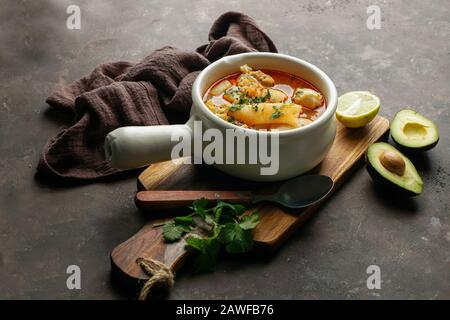 Sopa de mondongo, colombiano,  Latin America dish, soup made from diced tripe (the stomach of a cow or pig) slow-cooked Stock Photo