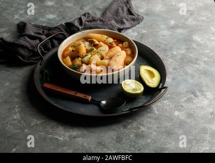 french soup made from diced tripe, the stomach of a cow or pig, Normandy, France,  Tripes a la mode de Caen Stock Photo