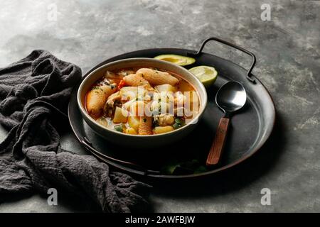 french soup made from diced tripe, the stomach of a cow or pig, Normandy, France,  Tripes a la mode de Caen Stock Photo