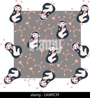 Seamless pattern with cute penguins.Vector illustration.Cartoon flat penguin female with a fish necklace, fur headphones with springs and hearts Stock Vector