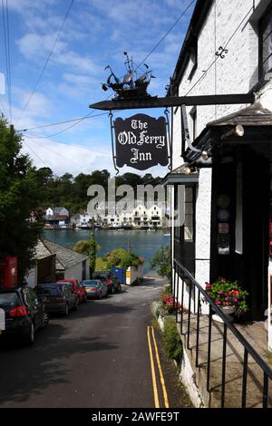 The Old Ferry Inn and Hall Terrace street, River Fowey in background, Bodinnick, near Fowey, Cornwall, England Stock Photo