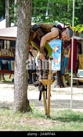 Holly Michigan, USA July 27 2014; a performer at a Renascence fair leans against a tree in order to strap himself into a unique part of his costume, s Stock Photo