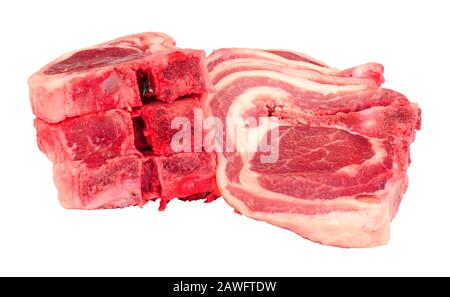 Group of fresh raw lamb chops isolated on a white background Stock Photo