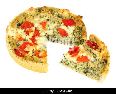 Spinach and feta cheese quiche with roasted peppers isolated on a white background Stock Photo