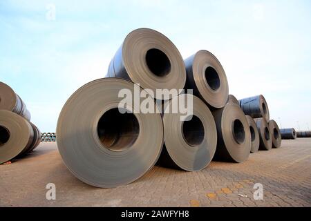 roll steel in harbor, Cold rolled steel coils Stock Photo