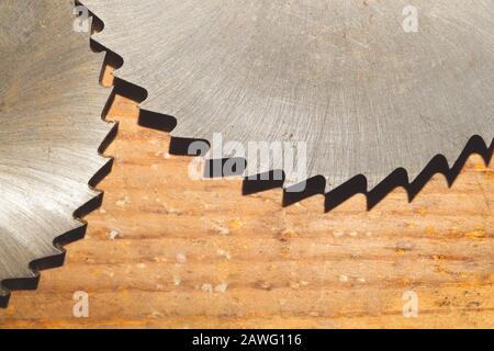 Circular saw blades. carpentry tools. industrial background. equipment for sawmill and sawing wooden products Stock Photo