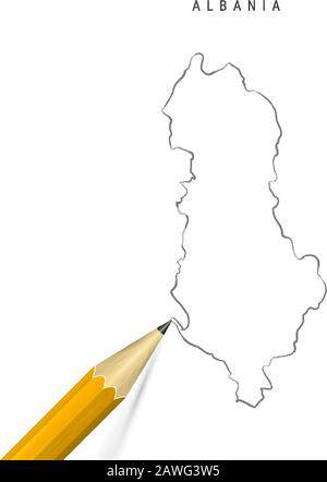 Albania freehand pencil sketch outline map isolated on white background. Empty hand drawn vector map of Albania. Realistic 3D pencil with soft shadow. Stock Vector