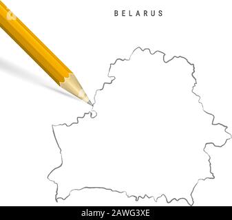 Belarus freehand pencil sketch outline map isolated on white background. Empty hand drawn vector map of Belarus. Realistic 3D pencil with soft shadow. Stock Vector