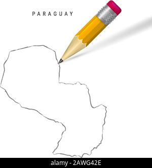 Paraguay freehand pencil sketch outline map isolated on white background. Empty hand drawn vector map of Paraguay. Realistic 3D pencil with soft shado Stock Vector