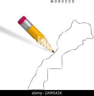 Morocco freehand pencil sketch outline map isolated on white background. Empty hand drawn vector map of Morocco. Realistic 3D pencil with soft shadow. Stock Vector