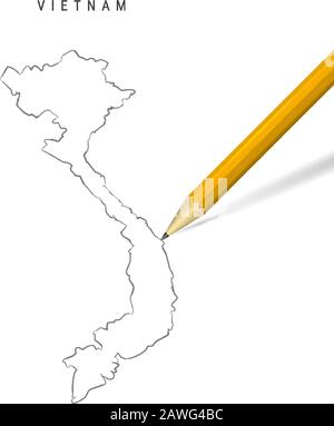 Vietnam freehand pencil sketch outline map isolated on white background. Empty hand drawn vector map of Vietnam. Realistic 3D pencil with soft shadow. Stock Vector