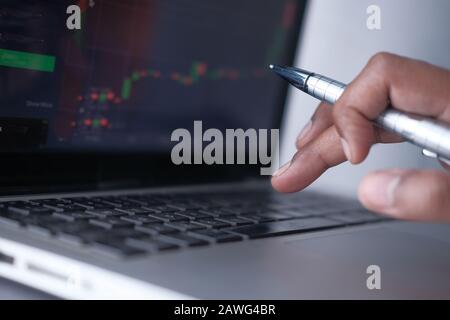 man hand typing on laptop keyboard, closeup  Stock Photo