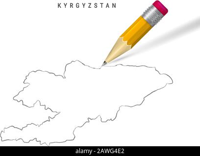 Kyrgyzstan freehand pencil sketch outline map isolated on white background. Empty hand drawn vector map of Kyrgyzstan. Realistic 3D pencil with soft s Stock Vector