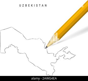 Uzbekistan freehand pencil sketch outline map isolated on white background. Empty hand drawn vector map of Uzbekistan. Realistic 3D pencil with soft s Stock Vector