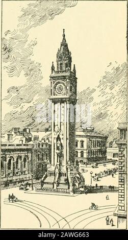 A guide to Belfast and the counties of Down & Antrim . e adopted by the stranger than by taking the tram-lines as the routes to be followed. From CastleJunction—the centre of the tramway system, andin the very heart of the city—excursions can be made invarious directions. From the top of a tram-car anexcellent view is obtained, and a few hours may beprofitably and pleasantly spent in this way in gettinga general view of the streets and suburbs. The most notable monu-ment in Belfast is the AlbertMemorial Clock Tower atthe foot of High Street, closeto the steamboat quays andthe Custom House. Onl Stock Photo